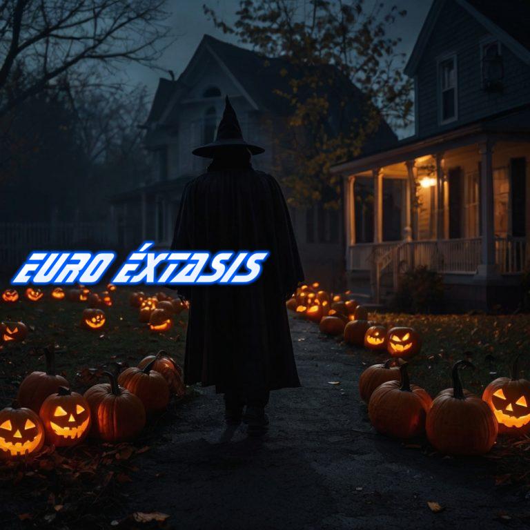 Un hombre misterioso entregando dulces en Halloween en una escena oscura y siniestra.