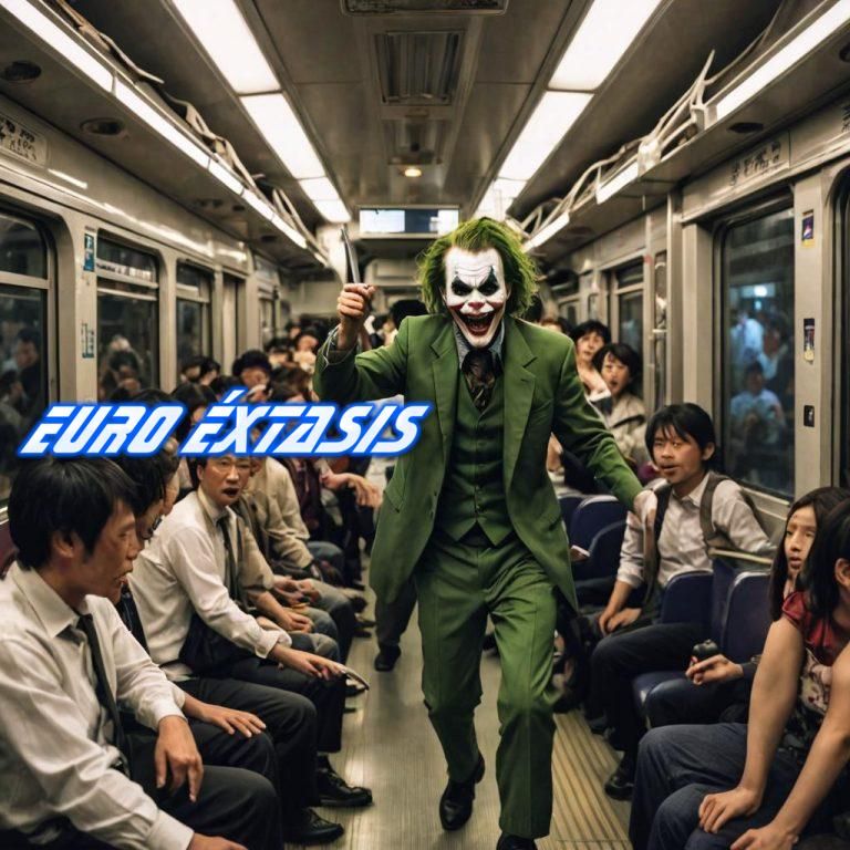 Un hombre disfrazado como el Joker atacando a pasajeros en un tren de Tokio durante Halloween.