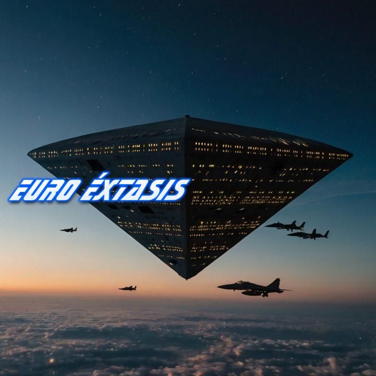 Un OVNI triangular flotando silenciosamente sobre el cielo belga, con luces en sus vértices y aviones militares cerca.