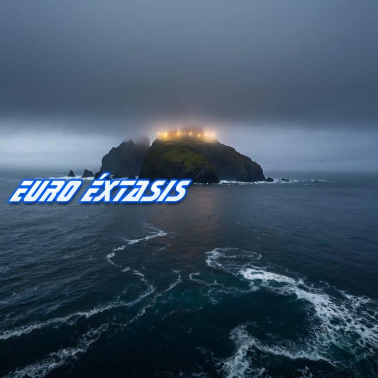Una isla misteriosa cubierta de niebla en la costa de Chile, con luces extrañas brillando en la distancia.